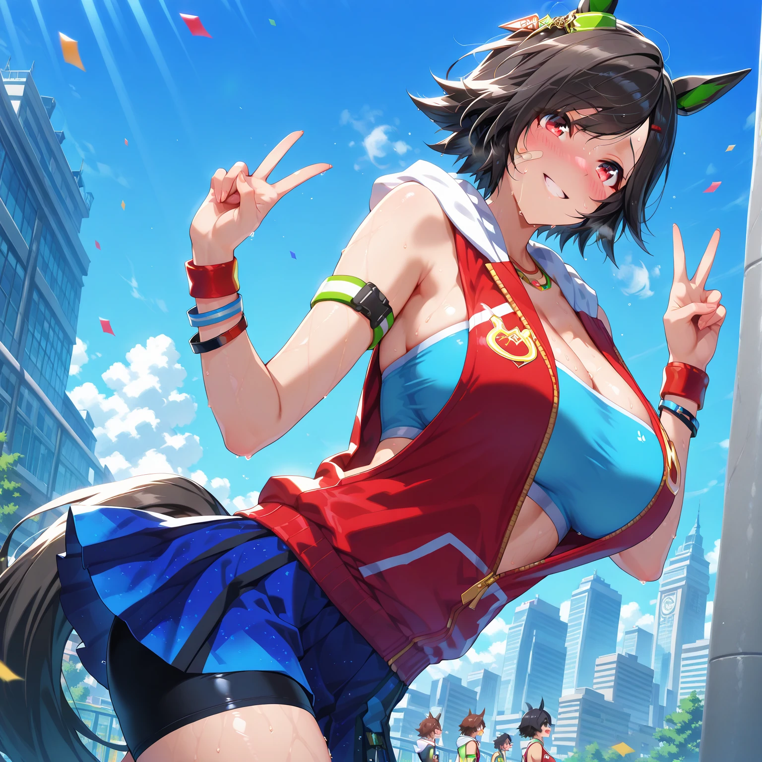 "(perfect masterpiece:1.2), (highest quality:1.2), stunning face, uniform, Chubby, Big eyes, compensate, long and luxurious eyelashes, lip whole,cheerleader,belly button,(((female brat))),(((very short hair))),raised his arms,NSFW,devil's smile,Are standing,Upper body,front,Cheerleader,mini skirt,double teeth,young,