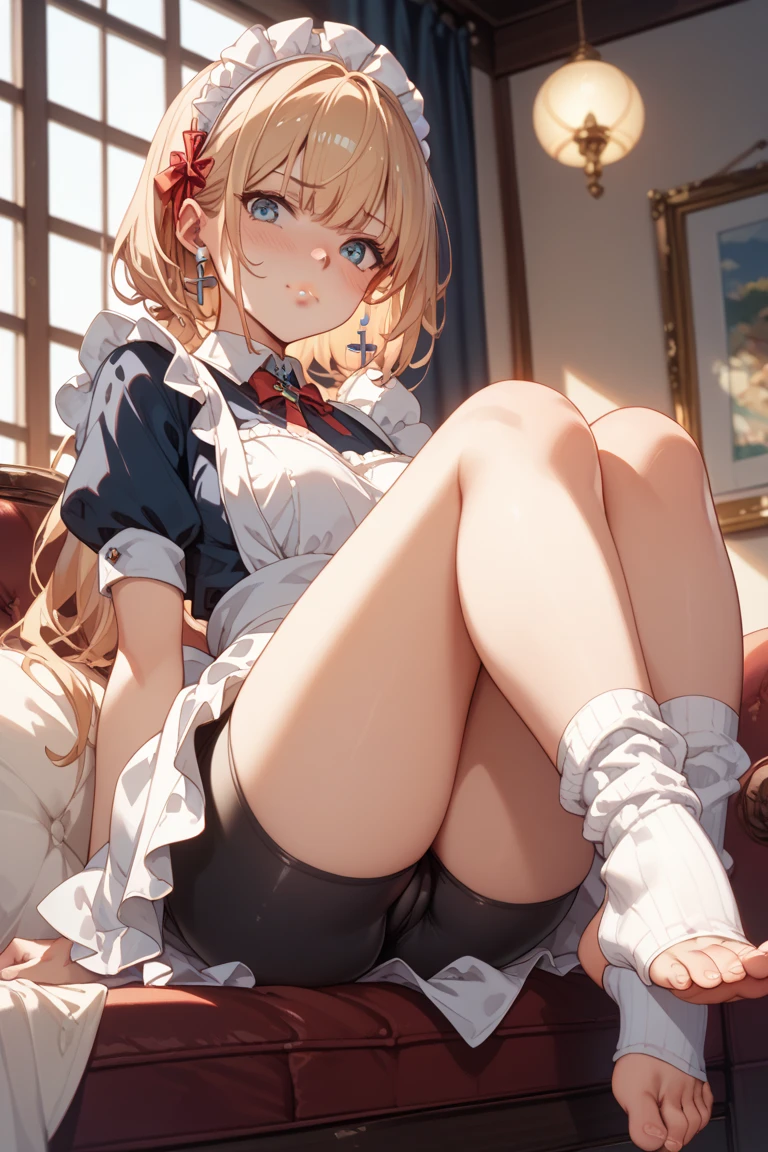 masterpiece, highest quality, Very detailed, 16k, Ultra-high resolution, 6 year old girl, Detailed face, smile, blue eyes, blonde, Braiding, Red ribbon on head, Black maid outfit, blue sky, garden, Red Rose, sit, (show off pussy:1.3), (Open pussy:1.3), spread legs, legs up