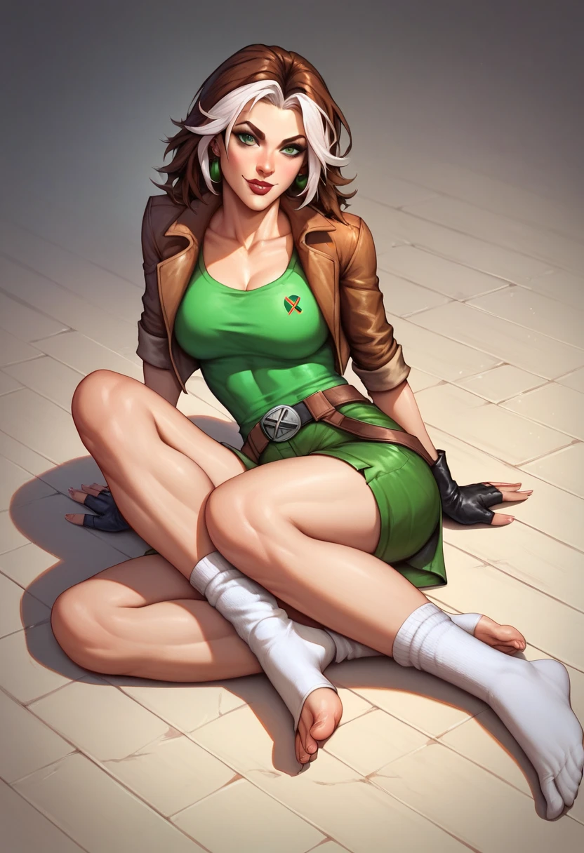 Rogue from the X-men, , sitting showing your feet,barefoot,pair of boots thrown on the floor