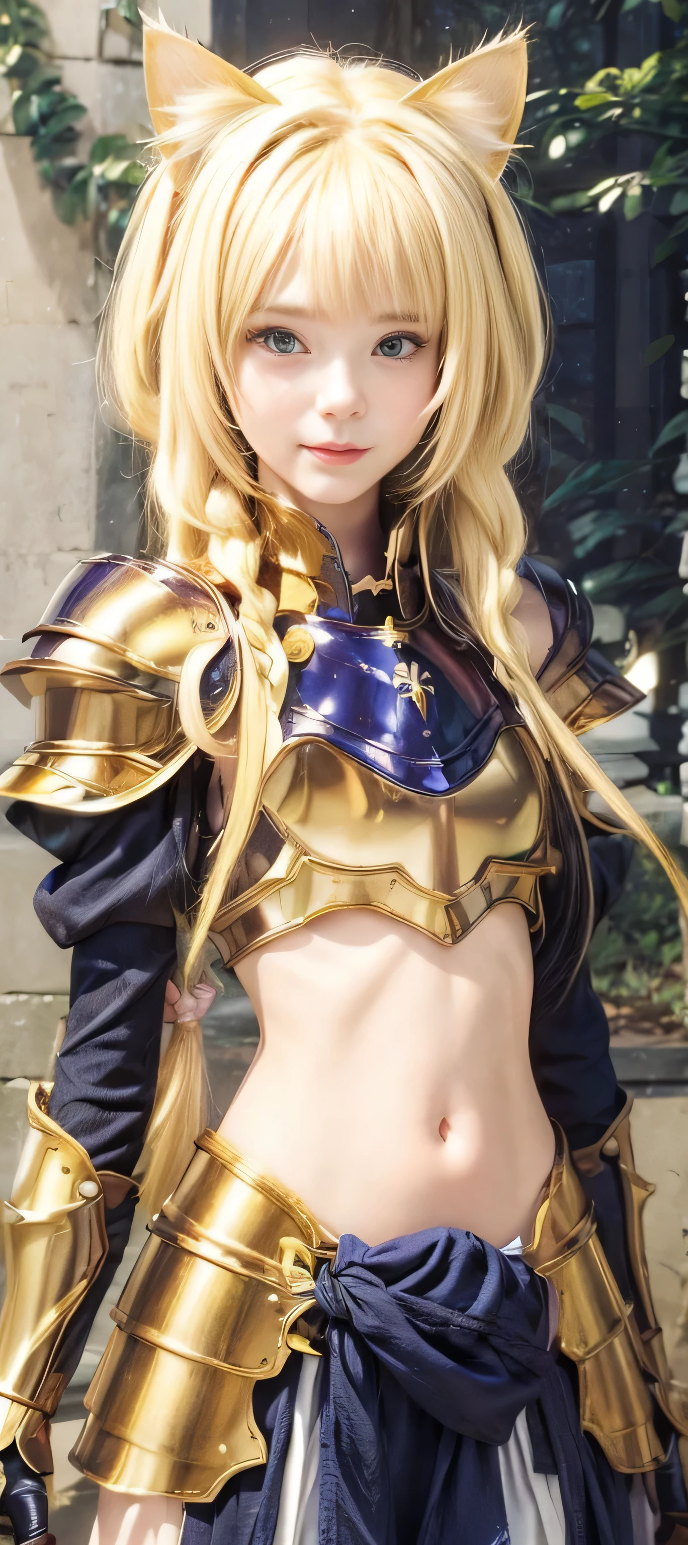 masterpiece, best quality, (realistic,photo-realistic:1.4), (RAW photo:1.2), extremely detailed CG unity 8k wallpaper, delicate and beautiful, amazing,finely detail, official art, absurdres, incredibly absurdres, huge filesize, ultra-detailed,extremely detailed eyes and face,light on face,alice zuberg,(little smile),(blonde hair:1.4),(long hair:1.5),forest background,(cat ears:1.5),(armor:1.5),god cloth