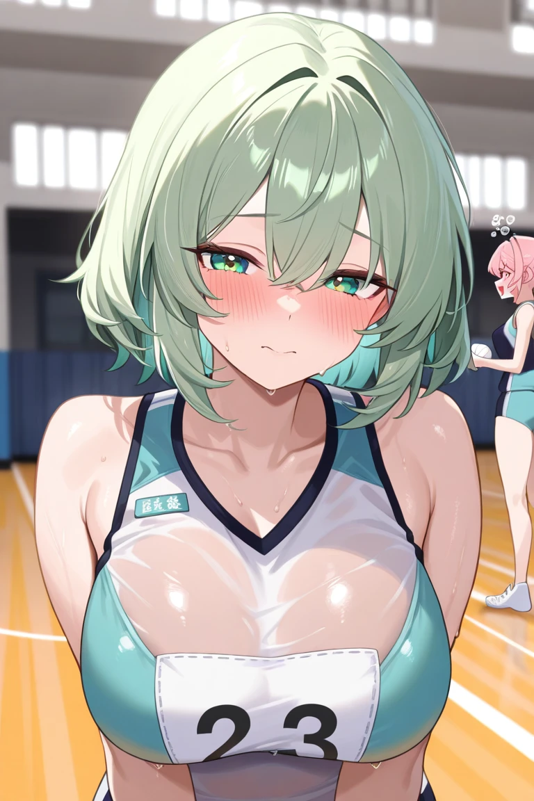 mastute piece,Best Quality,insanely detailed,8k cg,nsfw,
(shoot upper body:1.3),
(1girls:1.3),standing,looking at viewr,body in front,both arms behind back,(Volleyball Uniforms),(bare breasts:1.2),
break,
blush,shy,(??????? face),(trembling:1.2),break,(light green hair),
break,
perfect breasts,perfect teats,(open mouth:0.9),(large breasts:1.3),
(Volleyball court)、