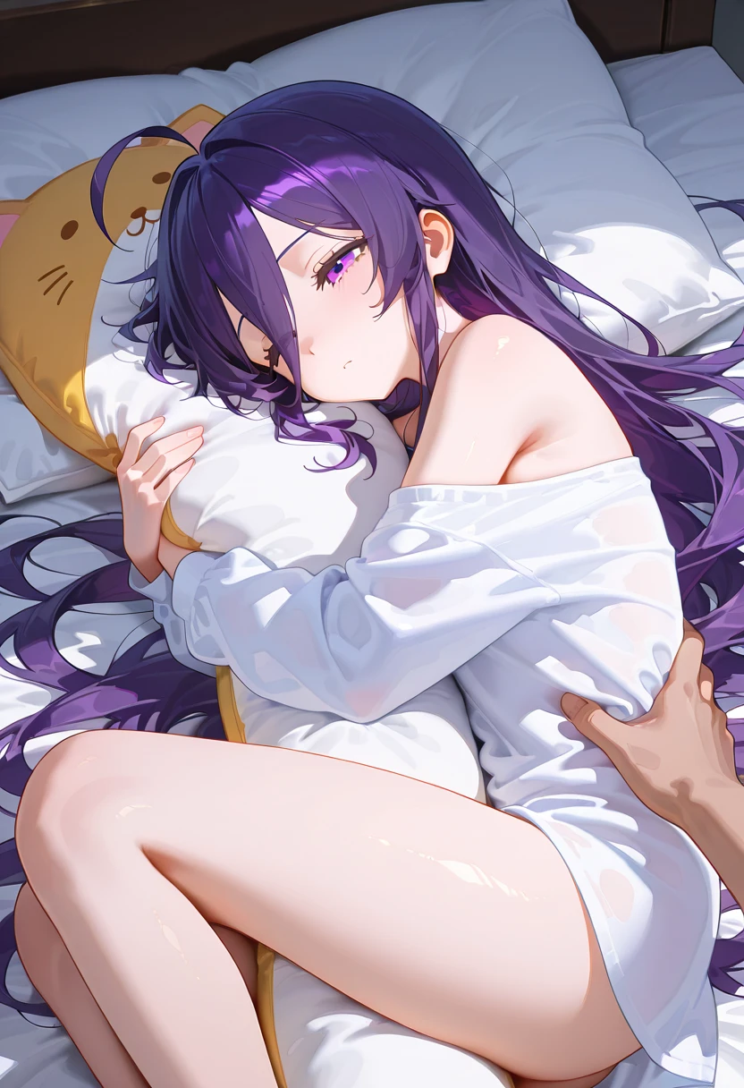 NSFW,masterpiece,Highest quality,High resolution,Super detailed,Fern\(Funeral of Frieren\),Purple eyes,Purple Hair,Long Hair,(High-quality see-through negligee),Sleeveless,blush,expectant face,(Ecstasy face),Inn at night,bedroom,(Young men),(Having sex),Insert,Creampie,Lying on your back,Leg spread,Raise your arms
