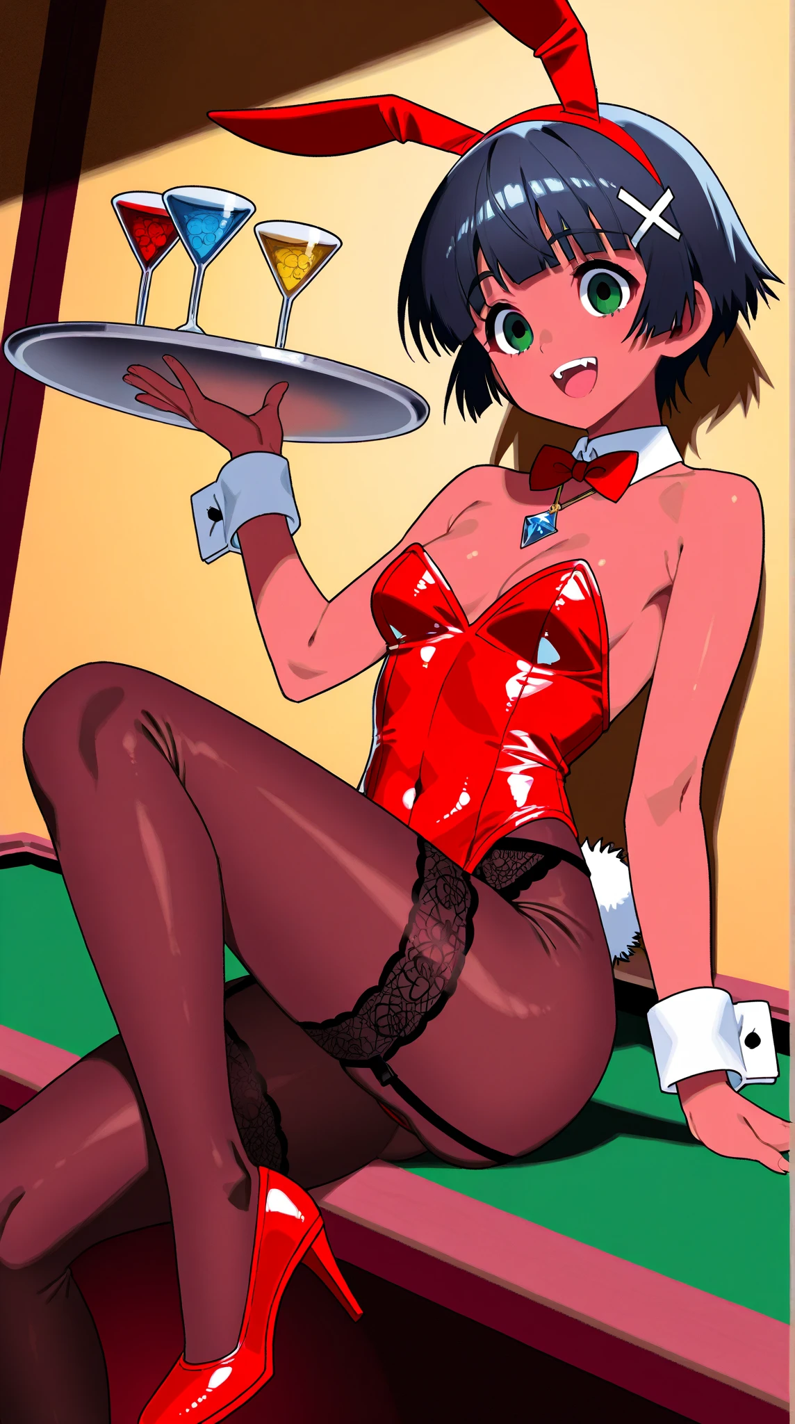 KallenStadfeldXL, blue eyes, red hair, short hair, parted bangs, large breasts, rabbit ears, red bowtie, pink playboy bunny, pink leotard, white wrist cuffs, pink pantyhose, pink footwear, (solo), standing, looking at viewer, indoors