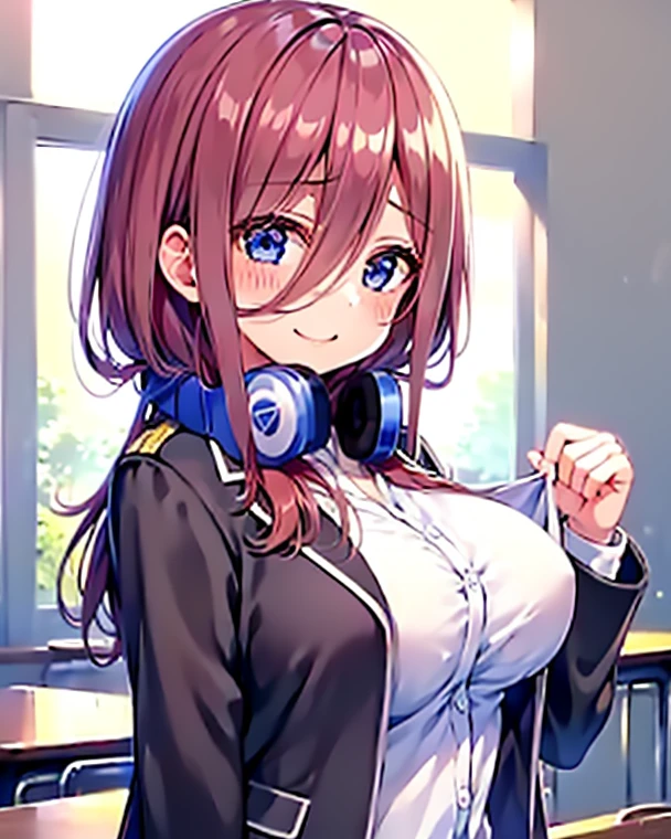 anime girl 、Silver headphones、Blue-purple jacket、 Light purple shirt、yellow tie、Light yellow skirt、anime moe art style, Created at Anime Artist Studio, high quality fan art, Drawn at Anime Painter Studio, anime girl, anime art style、healthy thighs、Hands on hips、Crisp look、whole body、pull composition