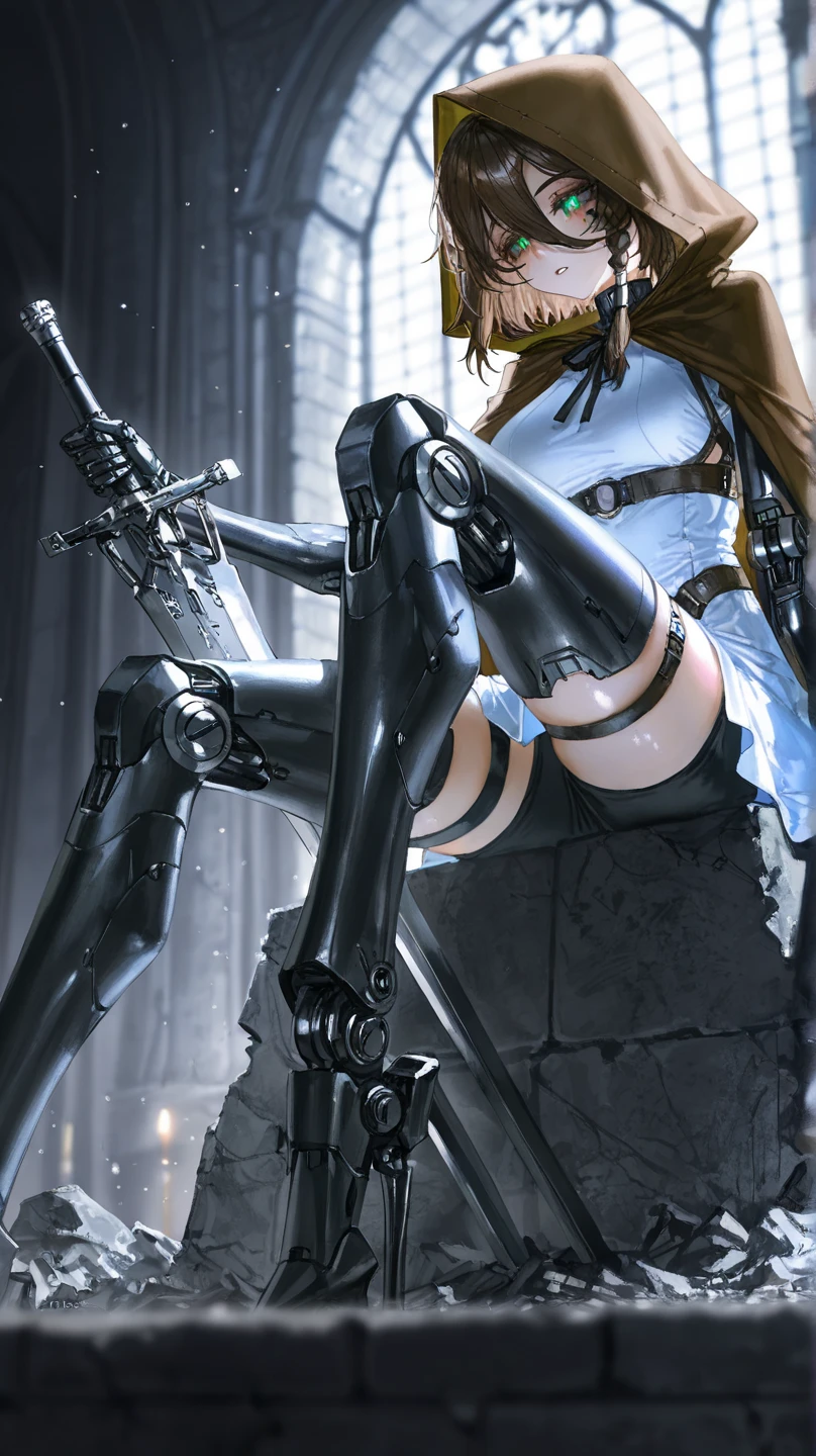 masterpiece,best quality,high resolution, 1 girl,from below,(매우 얇고 straight legs)，,(매우 long legs，straight legs),,high heel,long legs,stand on all fours, 정면에서 보면 long legs, perfect body,with perfect legs,(Exterior)，Telegraph slang，dynamic pose，1 girl，Exquisite eyes，brown eyes，eye shadow，to put on make up，long gray hair， detailed face， detailed eyes， looking at viewer， blusher\（to put on make up\）， plump lips， red lip，（long gray hair：1.3）， （stand on all fours）Mechanically static，Summon Mech，(headdress:1.1)，headgear，((((school shirt，ultra shorts))))，(black lace stockings，stocking suspenders)，city，Luminous winding，With a gun in my hand，weapon，，Completely mechanical and futuristic elements，technology，The background is downtown New York，distance， sky sky， ，1（slim：1.2），dramatic lighting，vivid details，