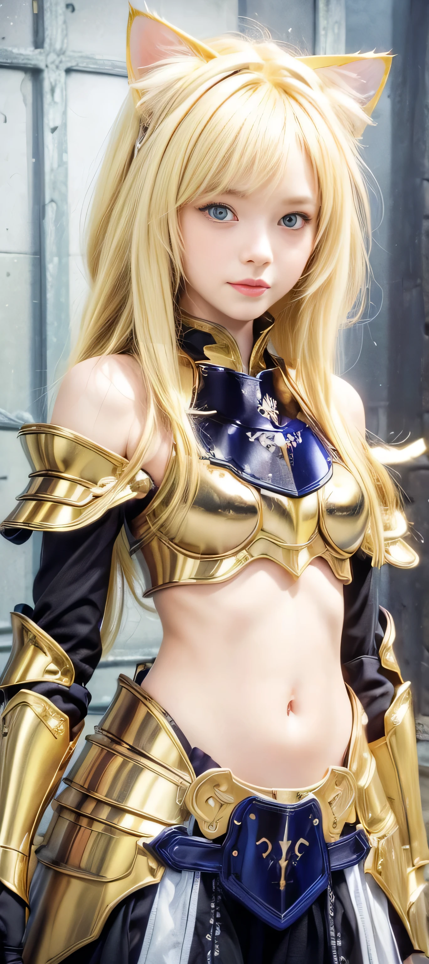 masterpiece, best quality, (realistic,photo-realistic:1.4), (RAW photo:1.2), extremely detailed CG unity 8k wallpaper, delicate and beautiful, amazing,finely detail, official art, absurdres, incredibly absurdres, huge filesize, ultra-detailed,extremely detailed eyes and face,light on face,alice zuberg,(little smile),(blonde hair:1.4),(lsgort hair:1.5),forest background,(cat ears:1.5),(armor:1.5),god cloth