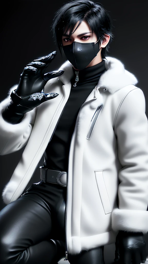 Final Fantasy-style graphics, young, Cute and cool Japanese boys, Thin eyebrows and big eyes, He is wearing a shiny white single-breasted leather jacket.......。Biker style leather jacket、 with epaulettes, The jacket is zipped up, The jacket pockets are black., The jacket has a high stand-up collar with a belt, Also wearing a black turtleneck, Black Leather Pants, Thin black leather gloves on both hands, Black leather knee-high lace-up boots, Show me your ((whole body)) from head to toe, Final Fantasy Style、((good looking))、((Age: 20 years old))、((good looking))、((Clear eyes and nose))、((Shiny white single leather jacket))、((The jacket must be white color.))、((The jacket has epaulettes))、((Jacket has a high stand-up collar and belt))、((The jacket has a black pocket))、((Black turtleneck shirt))、((Black Leather Pants))、((Always wear shiny black leather gloves on both hands))、((Cover all fingers on both hands with gloves))、((Black lace-up leather long boots))、((View full-body images from a distance))、Realistic image quality and texture、In a small cell、close your eyes、A kind smile、((The front of the jacket is closed with a zipper))、((No skin below the neck))、((round face)、((Short Hairstyleedium build))、((Upright posture))、((don't sit))、((he covered mouth with gasmask))