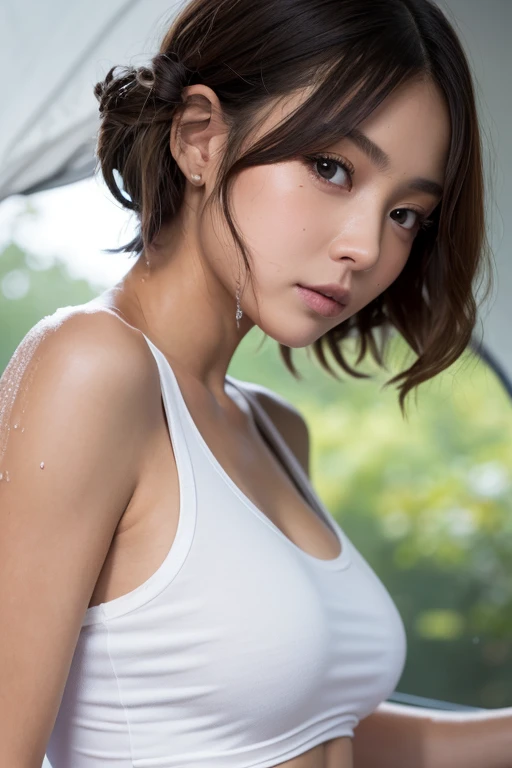 (Ultra Real), (Illustration), (High Resolution), (8K), (Very Detailed), (Best Illustration), (Beautiful Detailed Eyes), (Best Quality), (Ultra Detailed), (Masterpiece), (Wallpaper), (Detailed Face), Droopy Eyes, Sweaty, Up Upper Body, Armpits, Short Hair, Inner Color, Solo, Girl in Volleyball Uniform, Japan Person, Big Tits, (Camel Toe)