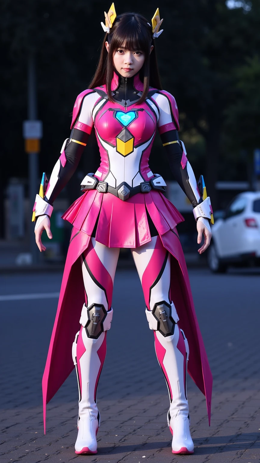 A beautiful 25 year old Japanese woman wearing a pink light metallic powered armor:1.5,、smile、Japanese, ponytail, Clear Glass, whole body,Big Breasts:1.5