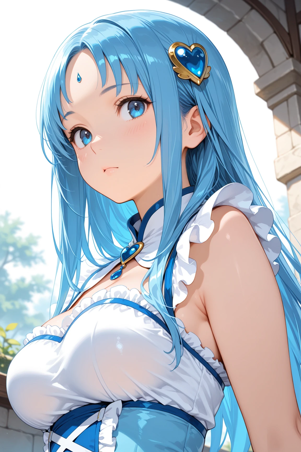 a women, blue hair, blue eyes, white dress