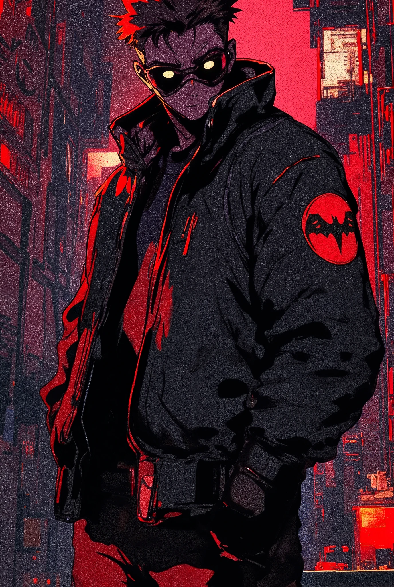 high quality, 8K Ultra HD, Anime, Comic, A young vigilante in his 20's, dark clothes, tactical gear, an open black tactical motorcycle jacket with a red Griffin patch on its right sleeve, black zipped up combat fleece underneath jacket, combat pants, black combat gloves , black tactical boots, eyes concealed by goggles, brown short hair, warrior cut, spiky and fluffy upward hair like Tyler Durden's, neutral expression