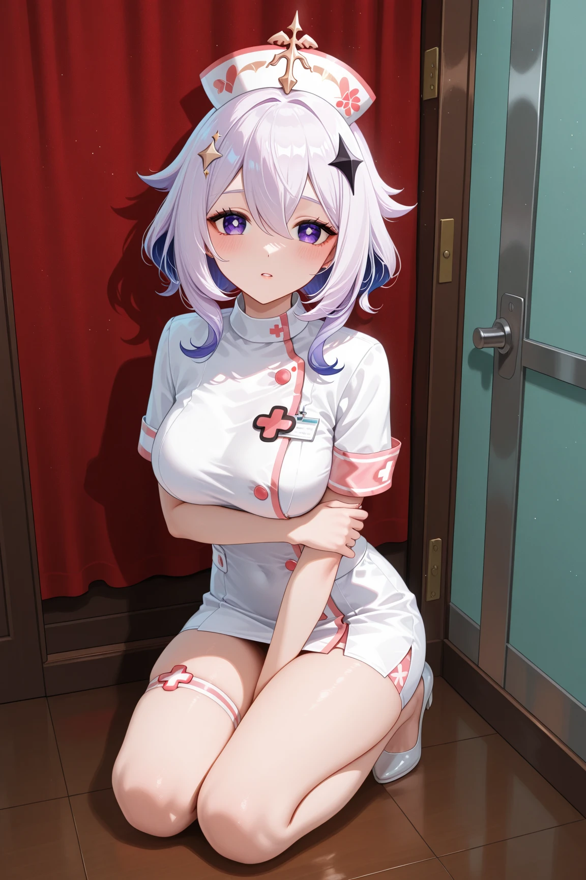 high resolution,smile,woman,woman1人,adult,cute, Medium Hair,wavy hair, Light blue hair,Purple eyes, White nurse uniform,whole body, BREAK Background white,
