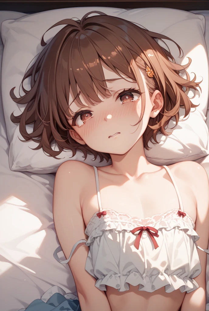 1 girl in、Gentle expression、Short hair. Pale brown hair and brown eyes.unwear、in one's underwear only、White bra、White panties. (Put your hands on your chest). High image quality. Photo Quality. High Definition. of the highest quality.、Quiet face、Balance Diagram、a old girl、Reddened cheeks、a bed、Bedroom、lying back on、Open your crotch、Focus on the lower back、Show off thin breasts、I draw the whole body