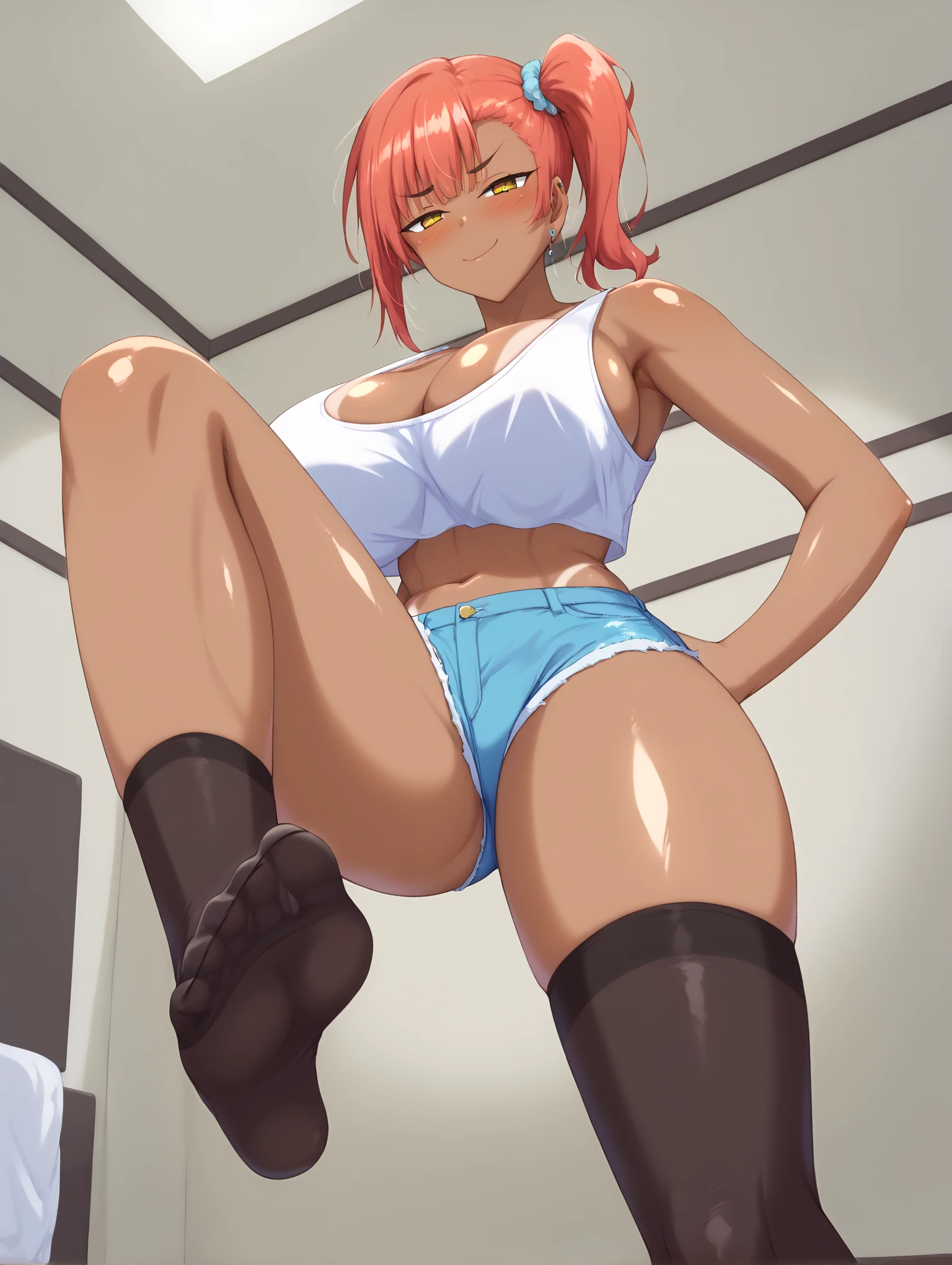 ((masterpiece)), ((best quality)), ((illustration)), ((anime coloring)), ((8k)), ((nsfw)), vulgarity, (((sexual ecstasy))), curvy, (pointy breasts), narrow waist, big ass, steam, sweat, (love juice), (detailed sheer lacework blue geometric bra), (detailed sheer lacework blue geometric panties), spread one's legs open, cute, a anime 20s female, ((dark skin:1.4)), (red hair), green tale, ponytail, smile, (((front view))), bedroom, night,