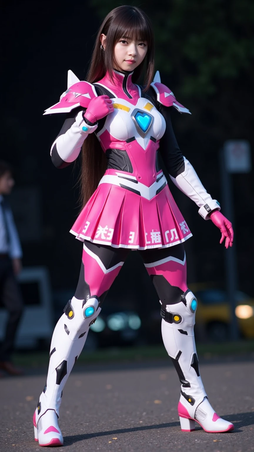 RAW, Masterpiece, Ultra Fine Photo,, Best Quality, Ultra High Resolution, Photorealistic, Sunlight, Full Body Portrait, Stunningly Beautiful,, Dynamic Poses, Delicate Face, Vibrant Eyes, (Side View) a close up of a woman in a pink and white gundam custume, dybamic pose, long brown very very long hair rapunzel, girl in mecha cyber armor, portrait armored astronaut girl, d. va from overwatch, female mecha, on a gundam, gundam head, chiho aoshima color scheme, mobile suit, streamlined purple armor, fully robotic!! girl, realistic cosplay, gundam armor (dynamic pose) (best cameraview), full body