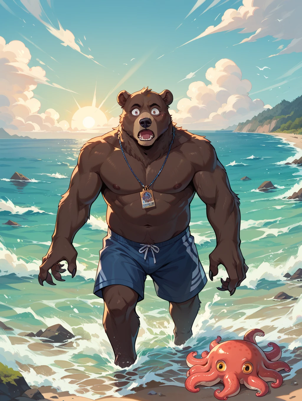 (a detailed, bright and vibrant digital illustration, best quality, highres, vivid colors), smiling anthropomorphic bear, muscular anthropomorphic bear, sweaty anthropomorphic bear, bear on the beach, bear lying on the beach, bear with paw raised, bear with raised feet, huge sweaty bulge, sandy beach, sunny beach, blue sky, palm trees, tropical atmosphere, ocean waves, sparkling water, wet fur, happy expression, relaxed posture, enjoying the sun, strong and defined muscles, bear in sunglasses, playful vibe, friendly appearance, confident pose, cartoonish style, lively colors, warm color palette, sunlight illuminating the scene, the bear's anatomy designed in a cute and appealing way