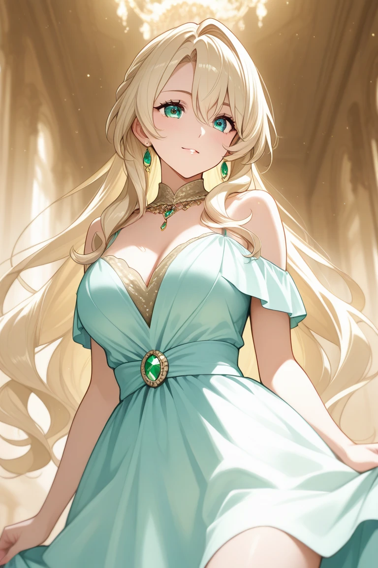 masterpiece, (best quality:1.4), detailed, sumire1, (solo), 8k, (yellow hair:1.1), (long hair:1.1), blunt bangs, (green eyes:1.2), (alluring face:1.2), tiara, face, (face portrait:1.2), (upper body:1.2), (dress:1.0), (long sleeve dress:1.2), (necklace:1.1), (jewelry:1.1), (looking at viewer:1.2), detailed eyes, detailed hair, highres, (simple background:1.3), (lights:1.2), high details, cleavage of large breasts, drill hair