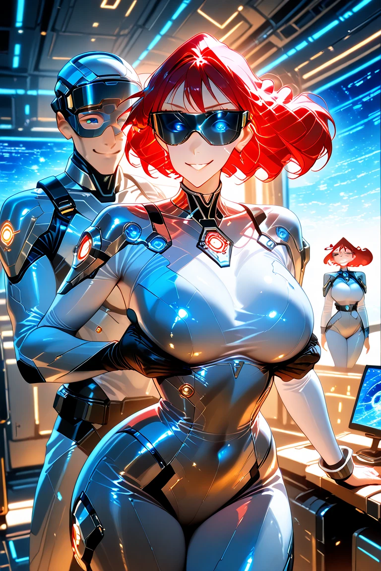 1boy, muscles, covered face, no mouth, curvy,  humanoid robot, joints, no mouth, robot, robot joints, shiny, shiny skin, ((glowing penis)), ballsack, duo, thick thighs,cyberspace, thighs, wide hips, robot, humanoid robot, robot boy,glowing, femboy, 