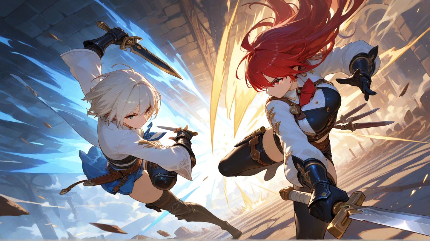 (masutepiece:1.3),(Best Quality:1.2),8K,absurderes,Unity 8K Wall Papper,This is an artistic anime illustration, a masterpiece with delicate lines and soft colors set in a fantasy theme. It features two young, cute, impudent maid girls performing an incredible, heartful attack action, gathering energy in their thighs and swinging from right to upper left. The scene is enveloped in a shining light, creating a dazzling effect, with a background that includes landslides, crimson lightning, blue mist, and fluttering flames, all contributing to a fantastical atmosphere. The colors are soft and understated, yet hundreds of sparkling whites highlight the dramatic action. The beauty of the faces, clothes, accessories, weapons, and armor is enhanced by delicate folds and complex slits, meticulously represented down to the smallest detail. Their eyes are beautifully and cleanly depicted. Every effect, garment, face, and other elements are delicately and beautifully drawn with the greatest effects and details of this century. The focus is on the inner thighs!"
