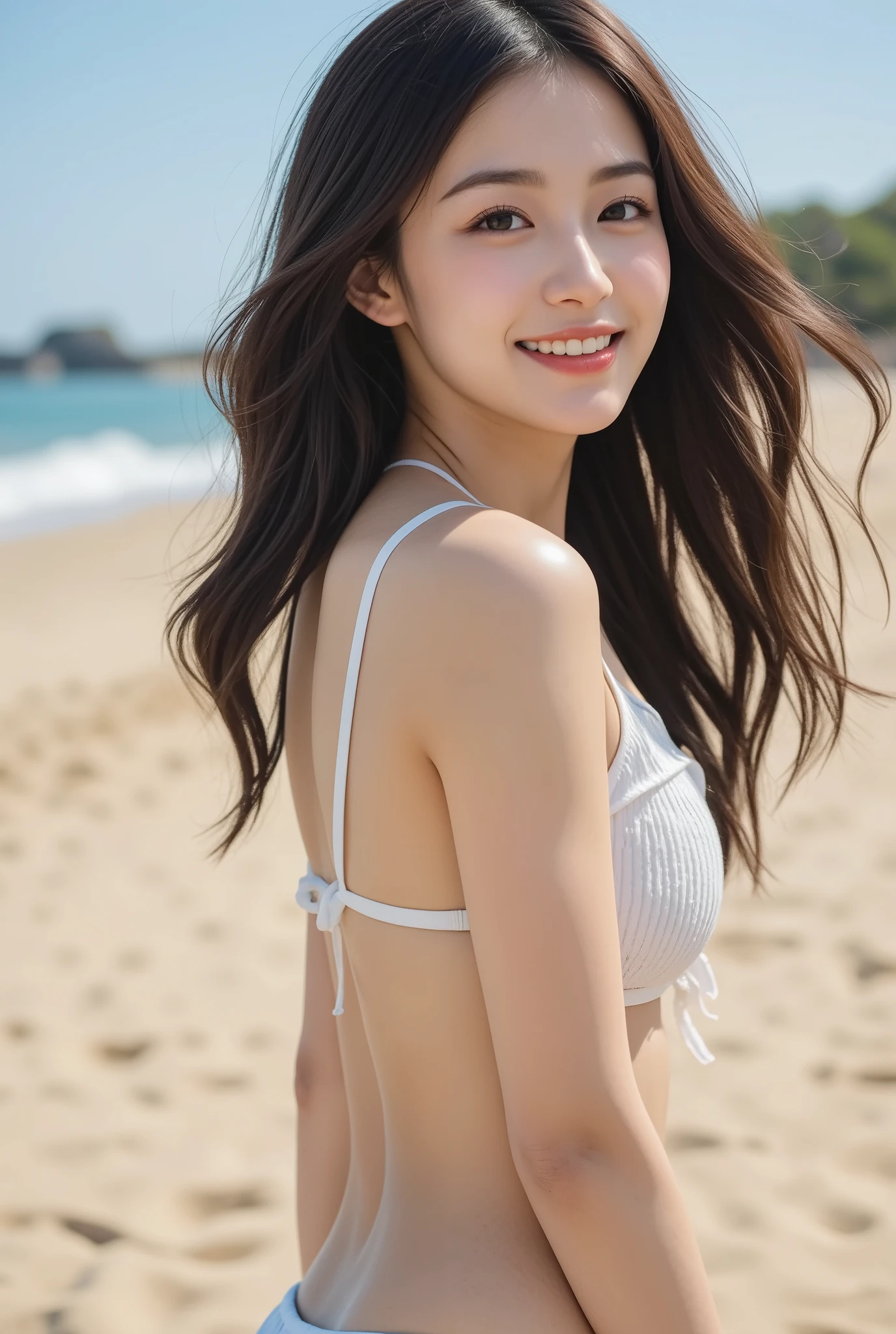 masutepiece, Best Quality, Illustration, Ultra-detailed, finely detail, hight resolution, 8K Wallpaper, Perfect dynamic composition, Beautiful detailed eyes, She is a bikini model, White swimsuit,Natural lip color, Big breasts, Natural hair , Full body, Background: Sea Resort, emphasize boobs, Smile Face