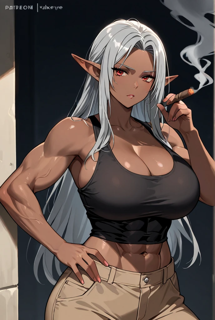 (solo:2, dark brown skin 1000 yo cool elf woman, Dreadlocks:1.4 pink hair long hair, silver eyes, smoking Cigarette in mouth, glossy lips, serious face, blushing), (in a detailed sexye micro:1.4 Bikini swimsuit with red line), break, in the castle Dressing room, BREAK, perfect anatomy, masterpiece, best quality, 16k, beautiful detailed grow, daydreaming expression.