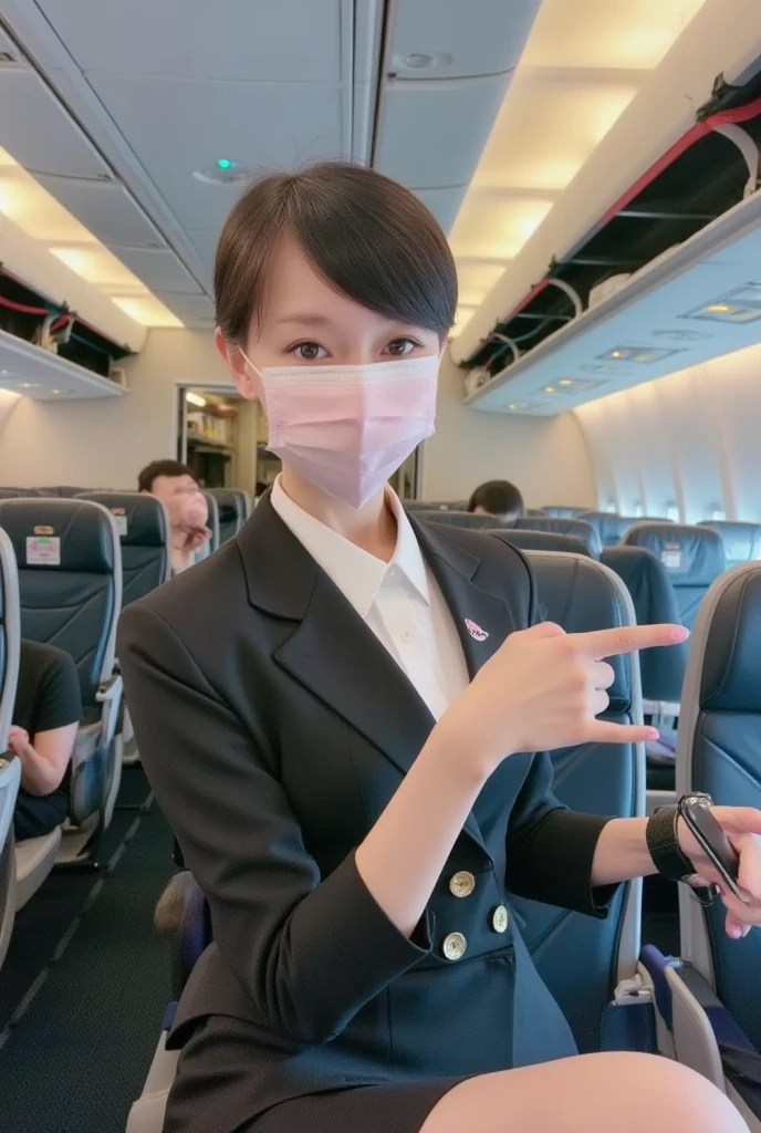 (((masterpiece, best quality, highres, raw photo))), 1 girl, dark brown bob cut, large breasts, flight attendant, mouth mask, short tie, standing, hands together, looking at viewer, airliner,