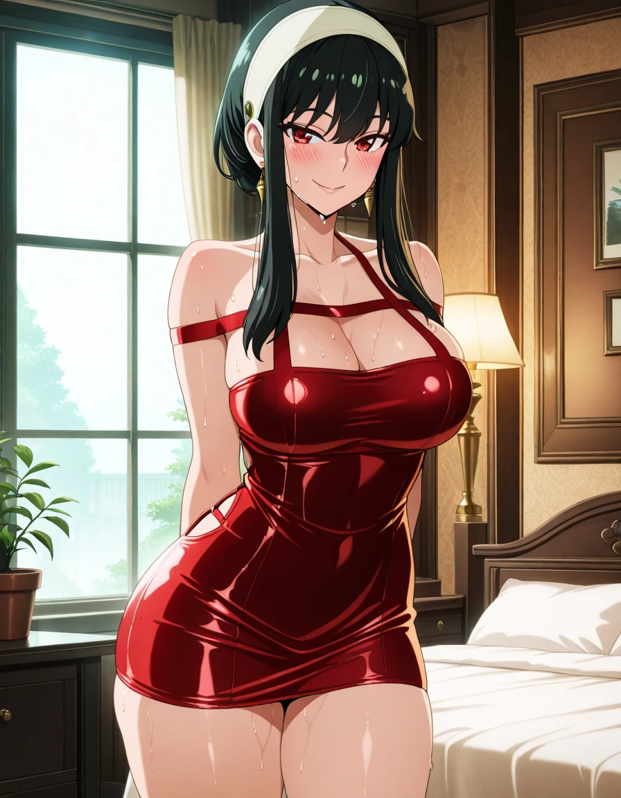 blue playboy outfit, luxury livingroom background, window, night, rainy night city view, sayuri, anime cels style, best quality, high resolution, 1girl, (huge breasts:1.2), beautiful face, green eyes, dark brown hair, (very wavy hair), braided bangs, (two beauty spots near her left eyes), lipstick, cowboy shot, smiling, blushing, beautiful long legs, beautiful body