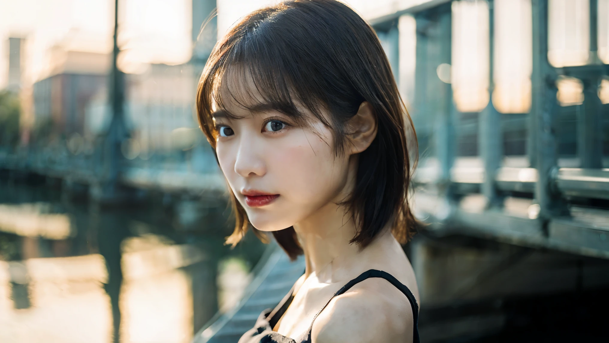 Best quality, masterpiece, ultra high res, (photorealistic), raw photo,1girl, skinny, upper body,solo, realistic, looking at viewer, short hair, bokeh background, city streets,brown eyes, bohemian dress, narrow sporty outfit,big boobs