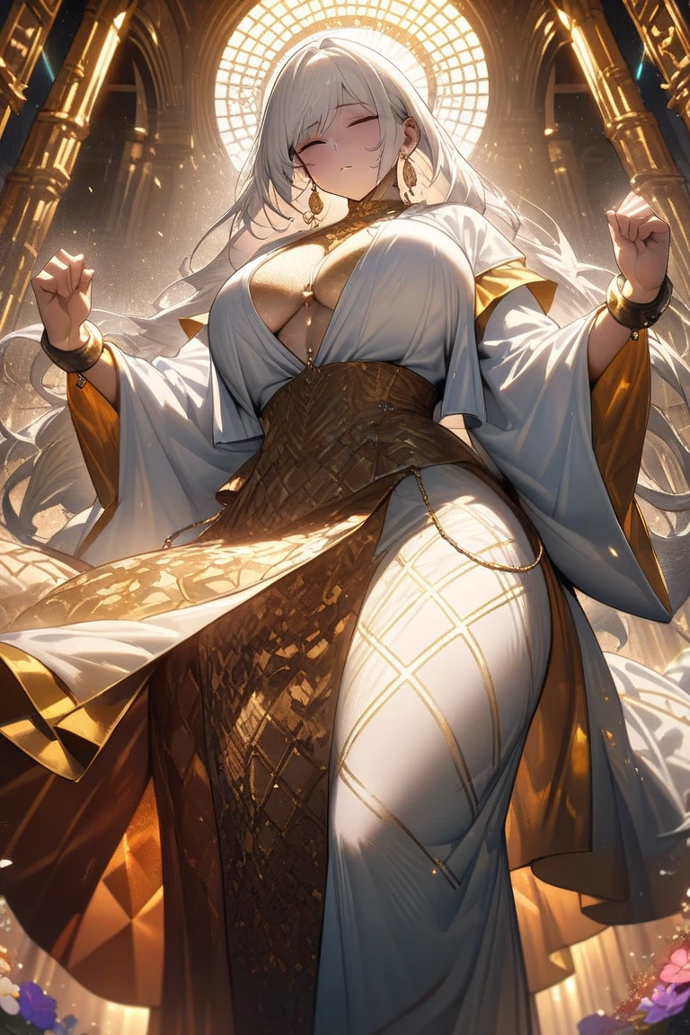 Woman, white hair, golden eyes, big breasts, white skin, holding a knife, very hot woman, pretty, good quality, goddess, pretty woman, alone, one woman, big ass.