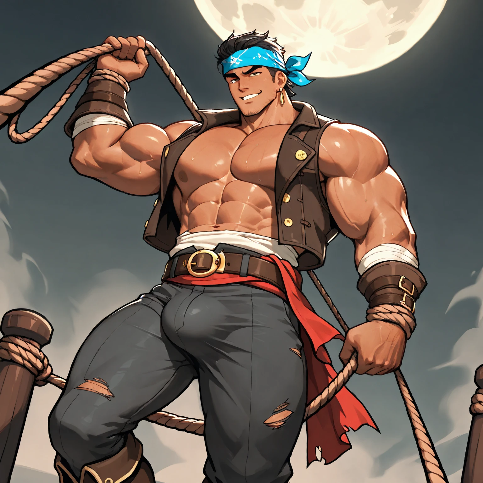 medieval pirate (masterpiece,best quality,most absurd ), 1 Mann, muscular, detailled eyes, blue eyes,, runs to the camera, shirtless, Brown hair, ((White background)),