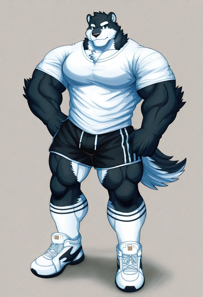 male humanoid wolf, black fur, wolf skull face, white eyes, black wolf tail, muscular and thick, big , big thighs, and big ass, wearing white crop top hoodie, white cheeky shorts, black and white arm warmers, and black and white leg warmers, full body shot