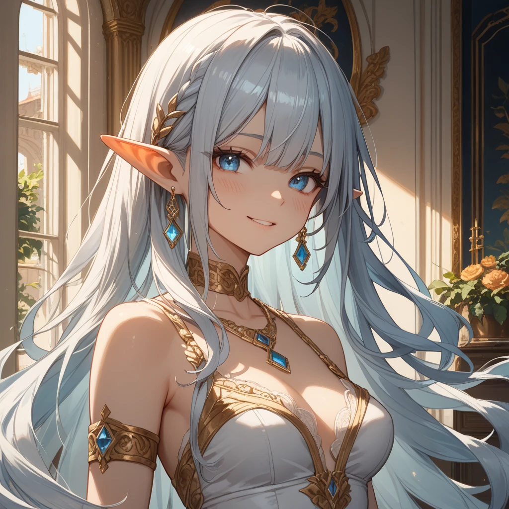 (absurdres, best high quality image, carefuly detailed features and textures, very detailed image, solo character alone, full character view): {{(1character: 25 years old half-elf princess ice girl), (pale skin, pure white medium straight hair, blue eyes with white pupils, short pointy ears, light blue lips, white eyebrows, big breasts, sexy body, confident demeanor, gentle smile, strong pose), (blue tiara headband, pale-blue strapless one-piece swimsuit), (snowy plaza)}}