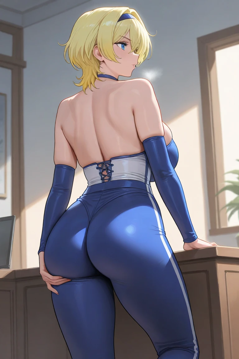 ((high detailed, best quality, 4k, masterpiece, hd:1.3)), BREAK night, window, moonlight, landscape, (in office), indoors, business office, office workers working in the office, many people are busy working, window, desk, chair, computer, ceiling light, Rosalina, BREAK neon blue eyes, seductive, attractive, sexy smile, smiling, smooth anime cg art, 36C breasts, (long fitness legs), vivid colors, detailed digital art, slim body, perfect skin, blonde hair, long hair, BREAK crown, cleavage, 36C cleavage, BREAK looking at viewer, extremely detailed face, navy_blue necktie, blue jacket, black shirt, blue pencil skirt, full body, (blue high heels), earrings, gem, dark black makeup lips, dark gothic eyeshadows, dark eyeshadows, black eyeshadows, black sexy lips, black lips, (dark:1.2), dark lips, very dark lips, (perfect hands, perfect anatomy), black makeup, detailed fingers, five fingers per hand, 5 fingers, (1 girl), detailed lips, detailed black lips, black painted lips, gothic painted lips, (with your back turned:1.5, looking back pose), (looking back), (from below:1.25), (crossed arms:1.3),