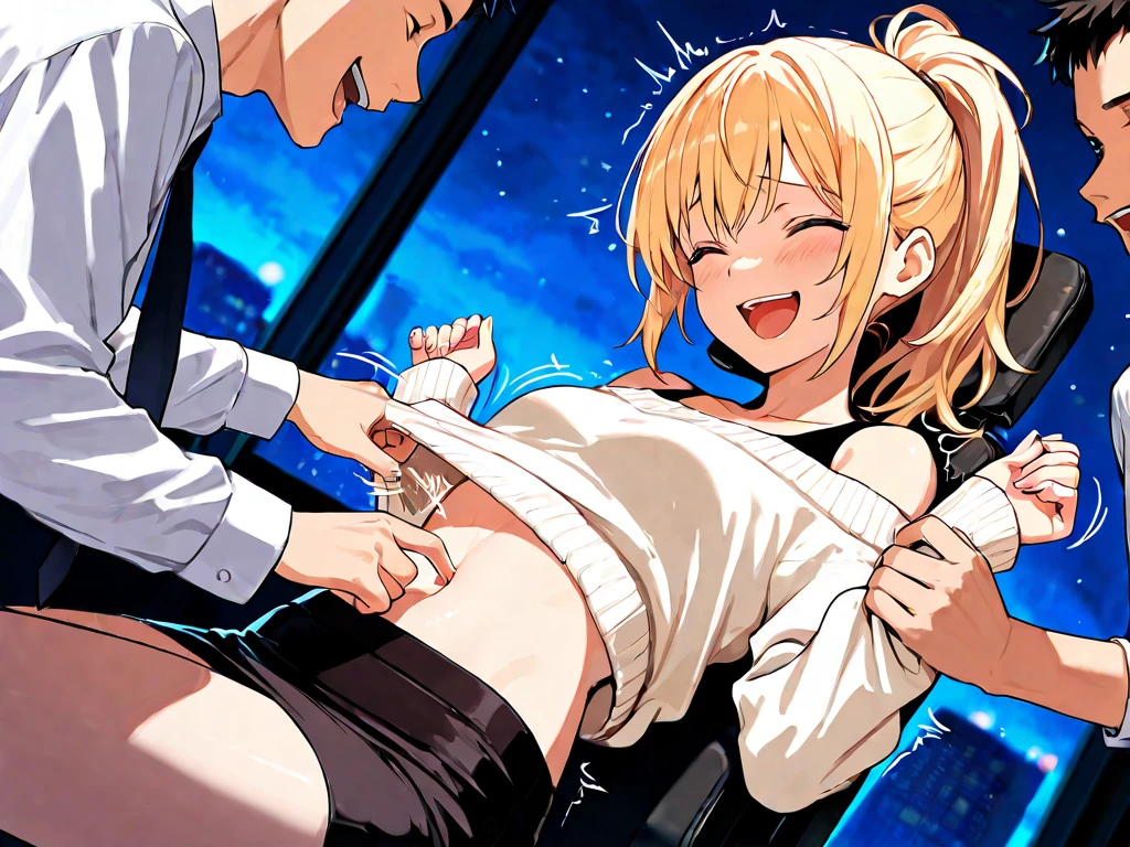 score_9, score_8_up, score_7_up, source_anime, takeda hiromitsu style, (1girl)and(1boy,tall stature)),hetero,(1girl),(curvy:1.4),(long hair, french braid),straight hair, (blonde hair), light blue eyes, (huge breasts), pale skin,shiny skin, (rolling eyes:1.4),(ahegao),(trembling), erectile nipples, ((She wears office lady, black pantyhose)), cum in pussy,(cum on clothes:1.4), cum on breasts,cum on body,cum facial, bukkake, cum in mouth,cum on hair,(excessive cum), (1boy,tall stature:1.4),((smug)),small penis, (((he licking her breast))),((breastfeeding)),vaginal penis, clothed,(wrestling ring),
