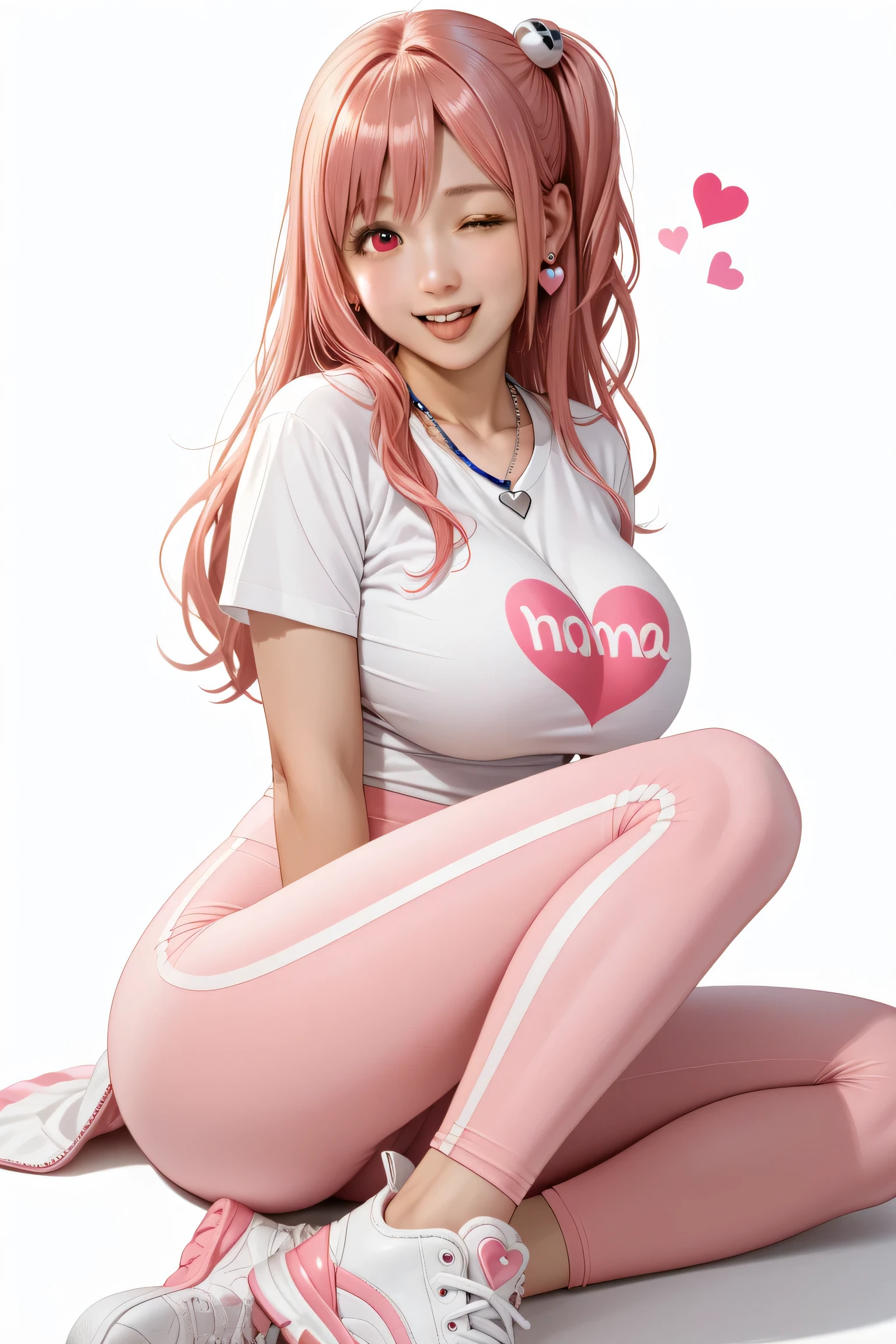 Japanese beautiful girl, huge breasts, cowboy shots, half body,乳沟,低胸, ,earrings, necklace, tongue out,
, many little hearts, ,white color background, winked with one eye, and made a playful expression. one eye open, one eye close, pink hair, honoka ,
She is wearing a tight T-shirt, tight leggings, and wristbands.W-sitting, Sitting in a W position, sneakers