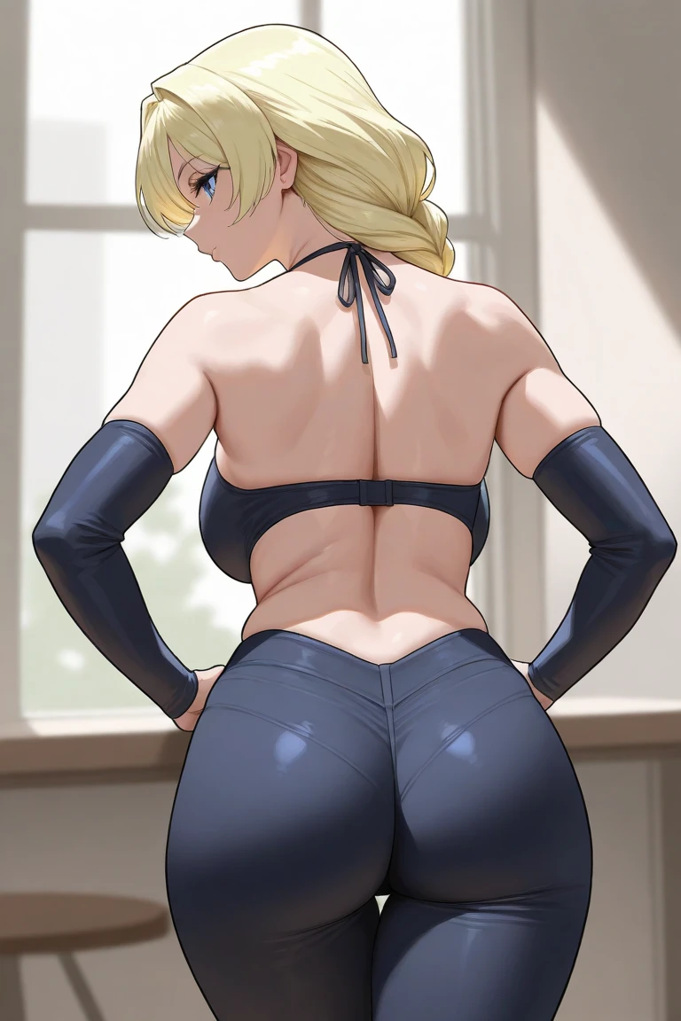 Looking from the back, dominant smile