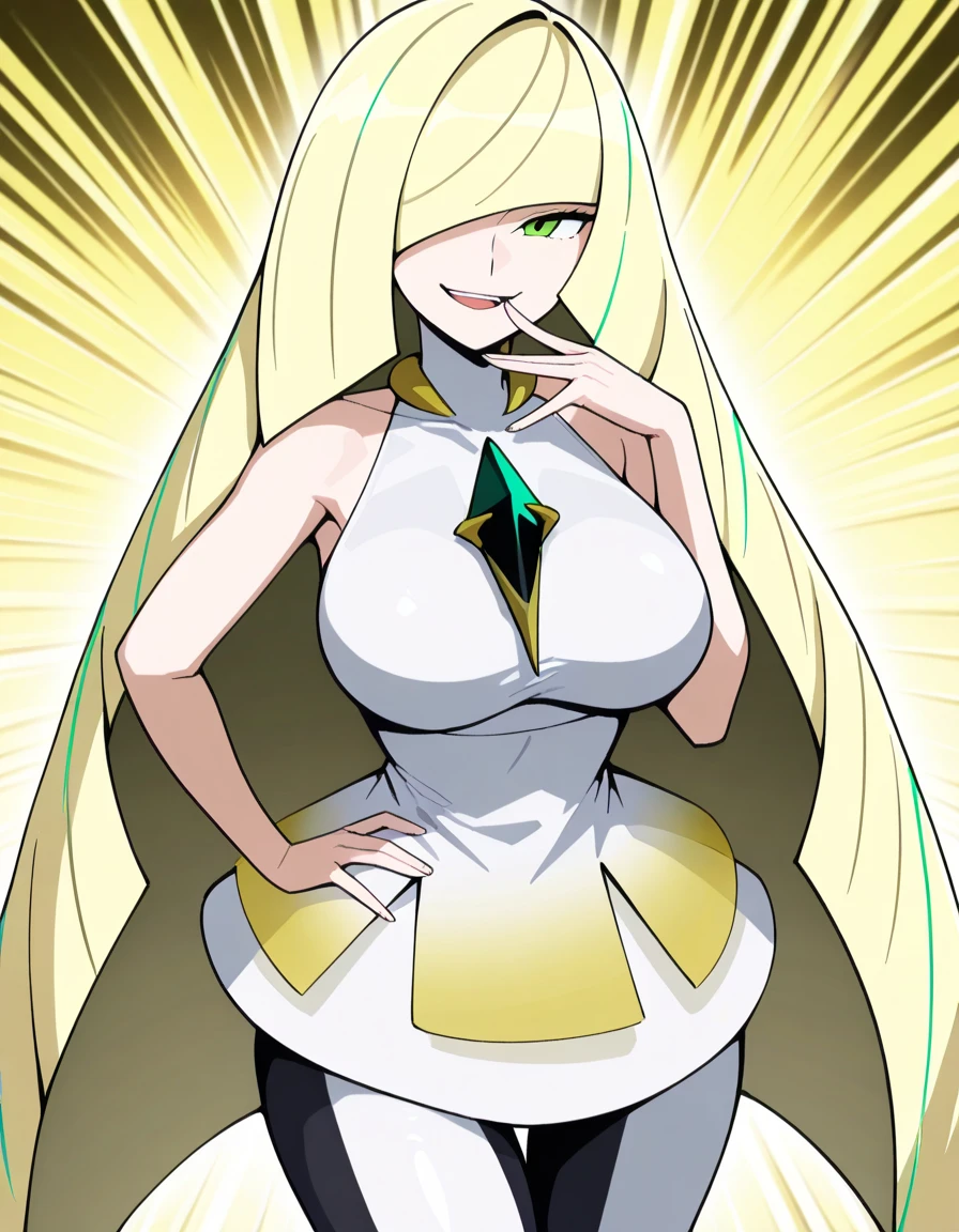 1 girl, alone, huge breasts, Pokemon Lusamine, blonde hair, (green eyes:1.3), hair above one eye, long hair, colorful hair, striped hair, very long hair, bare arms, diamond/(shape/), dress, gem, green gemstone, leggings, short dress, No sleeve, No sleeve dress, white dress, white leggings, looking at the viewer, (Upper body, cowboy shot), (plump nipples:0.8)