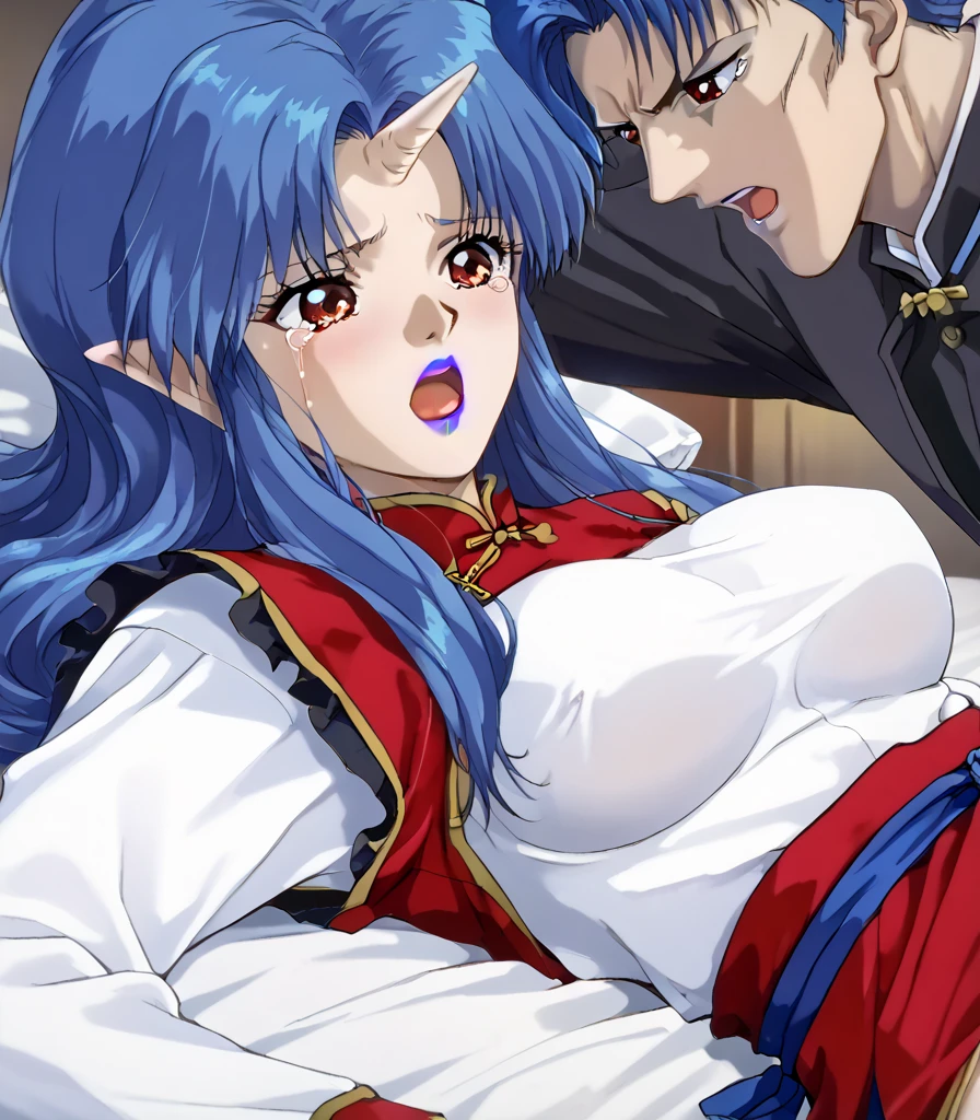8K Historical drama style A beautiful 15-year-old girl with short blue hair Gorgeous embroidery, Ultra glossy, She is wearing a shiny Heian era princess kimono made from vinyl. She is laid down on a gorgeous red floral duvet and has a huge penis forced into her mouth and pussy.
