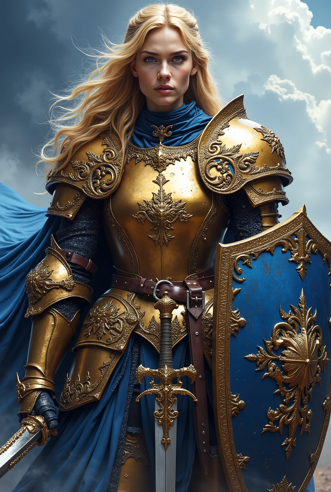 Dressed in intricately carved gold metal armor,, a determined female medieval warrior, long yellow hair, olhos azuis, stands with a blue sword in one hand, a blue shield with her family's coat of arms on the other, her fierce gaze fixed on the battlefield, with blue smoke in the background, embodying strength and resilience.
