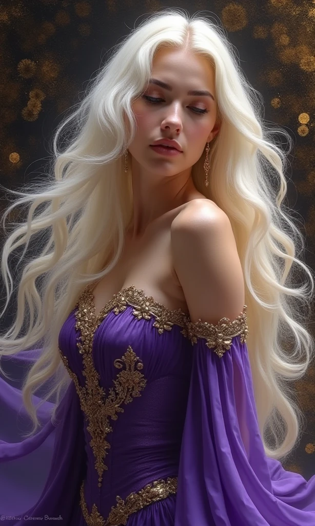 close portrait of buxom 18-years-old young feminine beautiful female dutch high fashion model, seductive dramatic dynamic pose, very long wavy hair, white hair, loose hair, big ram horns, skinny young body, purple gold silver white silk loincloth, very long hair, lying on silk pillows, gold, marble grotesque