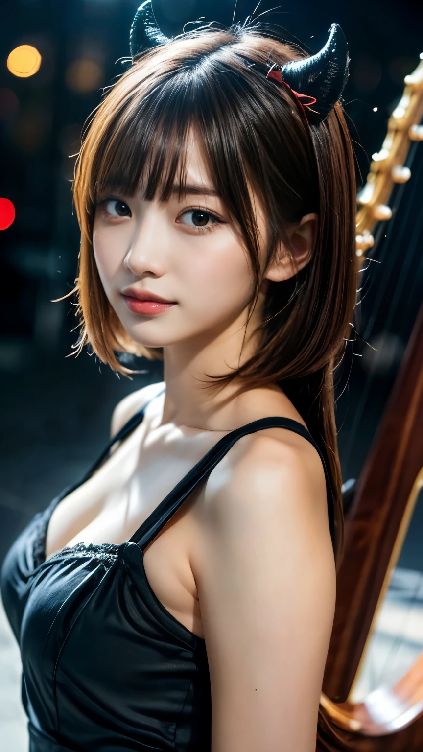 (masterpiece:1.3), (bright skin:1.3), Best Quality, Photorealistic, Ultra-detailed, Finely detailed, High resolution, 8K Wallpaper), 1 beautiful girl, Band Group Vocals, girl with tattoos, John shouted, Tattooed, she is wearing long neck black dress, playing a song on the violin, Stand Microphone, Mouth open, Beautiful face, Detailed face, Beautiful gray eyes, Detailed eyes, Looks fun、Smiling, earrings, Necklace, Detailed violin, (wooden violin with strings), wearing black beret on the head, short red hair, bangs, on a stage, Spotlight, Look at the viewer tattoos and piercings, ((RED HAIR))