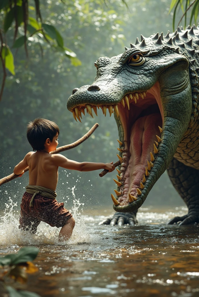A dramatic scene shows two boys poised near a muddy river. One boy is in mid-jump into the water, while another stands on the riverbank, appearing shocked. In the water, a crocodile is highlighted within a red circle, increasing the tension of the moment. The background features lush greenery and a brick wall, with text in an Oriya script expressing alarm and surprise. Overall, the image captures a risky situation combined with an element of danger.