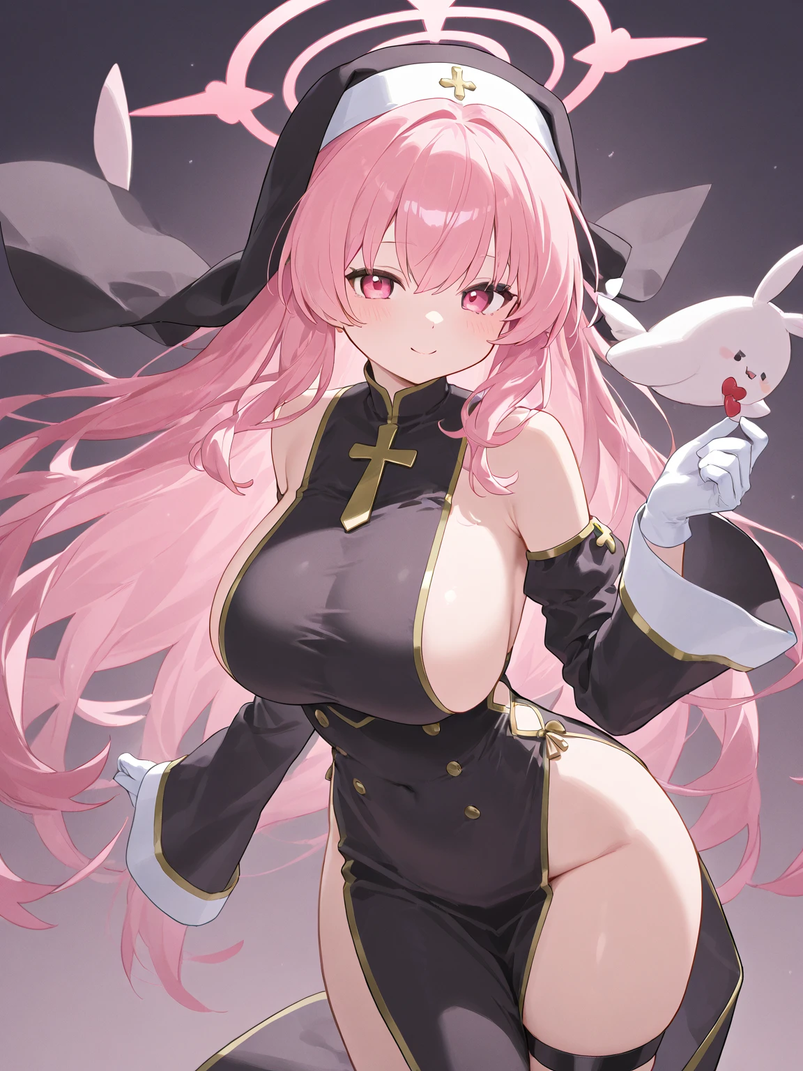 1girl, breasts, long hair, explosion, cleavage, drill hair, solo, pink hair, smile, detached sleeves, pink eyes, hairband, virtual youtuber, looking at viewer, animal ears, red eyes, thighhighs, bare shoulders, black dress, sunset, gloves, rabbit ears, bangs, large breasts, skirt, fake animal ears, eyebrows visible through hair, medium breasts