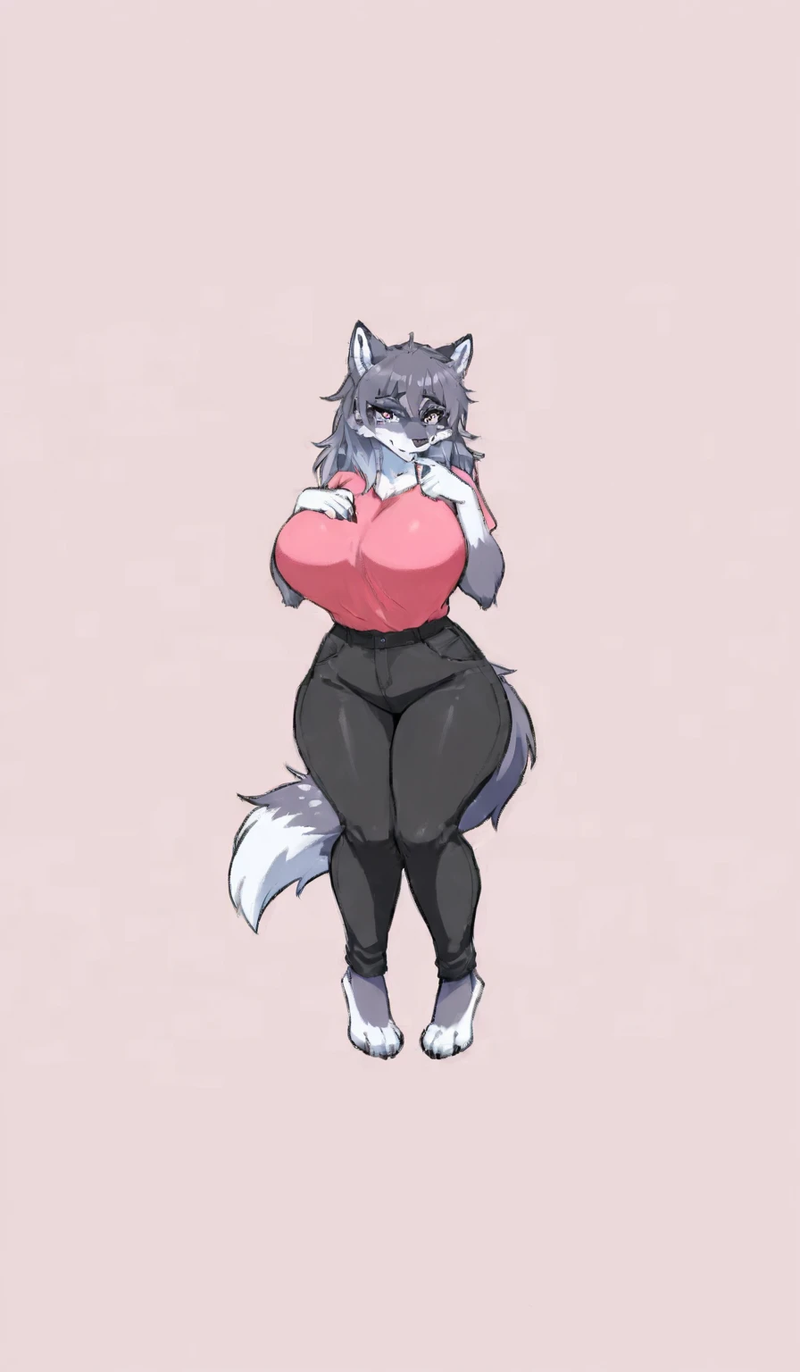 anthro, femboy, solo, tight shirt, fur, looking up perspective, perspective from tiny, (he is looking down at the tiny), curvy thighs, huge thighs, massive thighs, blep,heterochromia, purple right iris, cyan left iris, white and purple fluffy body, very short shorts, he is a giant, teasing face, buldge, standing in front of size chart, size chart, size chart 10 feet, 10 feet tall, very huge, very tall, paws on belly, huge hips, huge ass, bottom heavy