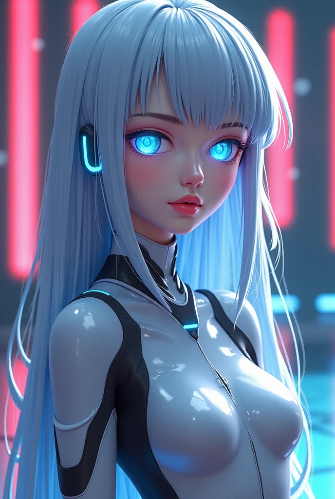 ((best quality)), ((masterpiece)), (detailed), (total body), perfect face, two beautiful wiman. The first woman has white long hair and a sky blue reflection, she has a tufted fringe, she has sky blue eyes, she has total black cyber suit clothes with some neon sky blue lights on it, cyber line on her face, she is sad, she is lying on the water in a pond, in the night with skyblue lights, total body. The second woman is a mermaid she has red hair and blue eyes, she is trying to kiss the first woman with white hair. Two women.