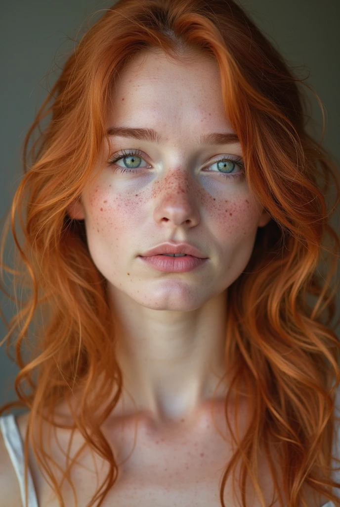 (8k, RAW photo, highest quality),(epic realistic:1.5), a girl, dynamic posture,erotic face,shirt,(detailed eyes:0.8),(looking at the camera:1.4), (highest quality), (best shadow),intricate details,cinematic,((skin:1.4)),interior, (long ponytail ginger hair:1.3),dark studio,(hdr:1.5),detailed, muted colors, freckles, (bright lighting: 0.7), masterpiece, big angle shot, RAW photo (pale 19-year-old Irishwoman, looking up at the viewer) (undressed, disheveled, with bright red matted hair), (sitting), full-length portrait, perfect face, captivating eyes, bright details, pouting lips (high skin detail), freckles, medium breasts, hard nipples (tint: 0.6), (dirty: 0.8), (bloody: 0.7), Key lighting, (backlight: 0.5), medium depth of field, Canon 5D, 50mm lens, f/4 aperture, (ultra-detailed, complex detail), sharp focus, 8k, absurd, 8mm film grain, flirting with camera