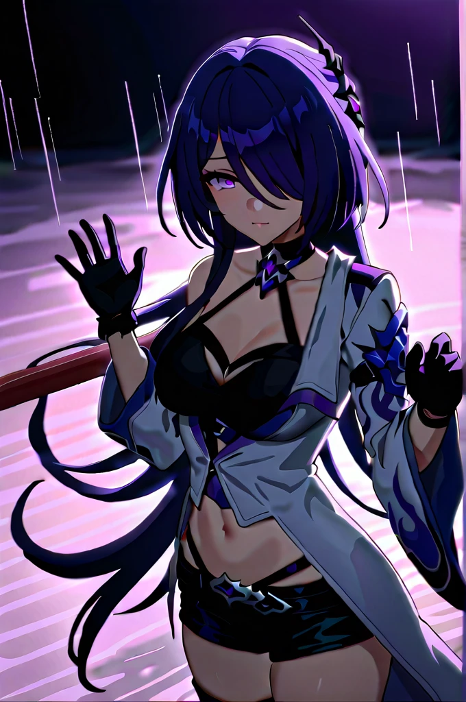 Saeko Busujima, una hermosa mujer sosteniendo un microfono y cantando, mujer cantando, vestimenta negra, ropa negra, blusa negra, camisa negra, con estampado del logo de Linkin Park, pantalon negro, tacones negros de cuero, Linkin Park, fondo azul, sobre un escenario, luces azules