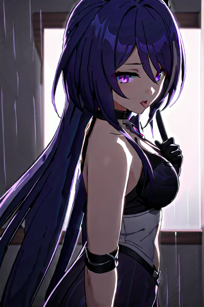 anime artwork, score_9, score_8_up, score_7_up, score_6_up, score_5_up, score_4_up,Kiara_SwimsuitVtwo, yellow eyes, multicolored hair, streaked hair, long hair, high ponytail, forehead mark, facial mark, swimsuit, black bikini, front zipper swimsuit, black pantyhose, torn pantyhose, halterneck, police hat, armband, pantyhose, covered navel, fingerless gloves, black gloves, pink necktie, bare shoulders, collarbone \\\\\\ \\\\\ ,
