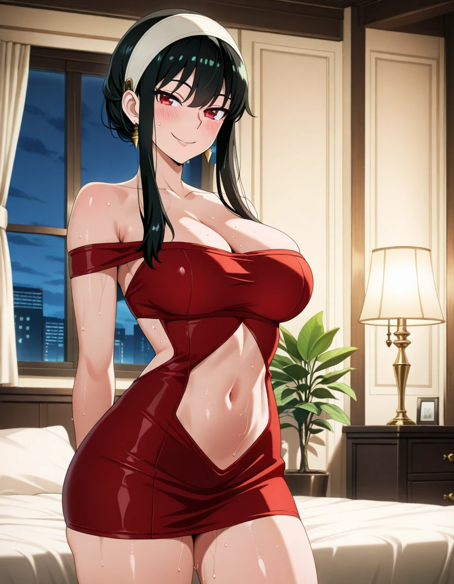 kugurumixxx anime drawing delivers a captivating vision of a stunning, curvaceous woman. With long, cascading, raven-black hair adorned with intricate hair ornaments, she exudes an alluring, mature charm. Her big, blue, shiny eyes sparkle with happiness, contrasting against her bright, vibrant-colored attire.
She stands confidently in an open-chest, revealing a detailed, totally red bra with a distinct neck band. Her stunning cleavage and large hands add to her feminine allure, while her sleek, bare shoulders accentuate her toned, slender, and perfectly proportioned physique. Her scapular