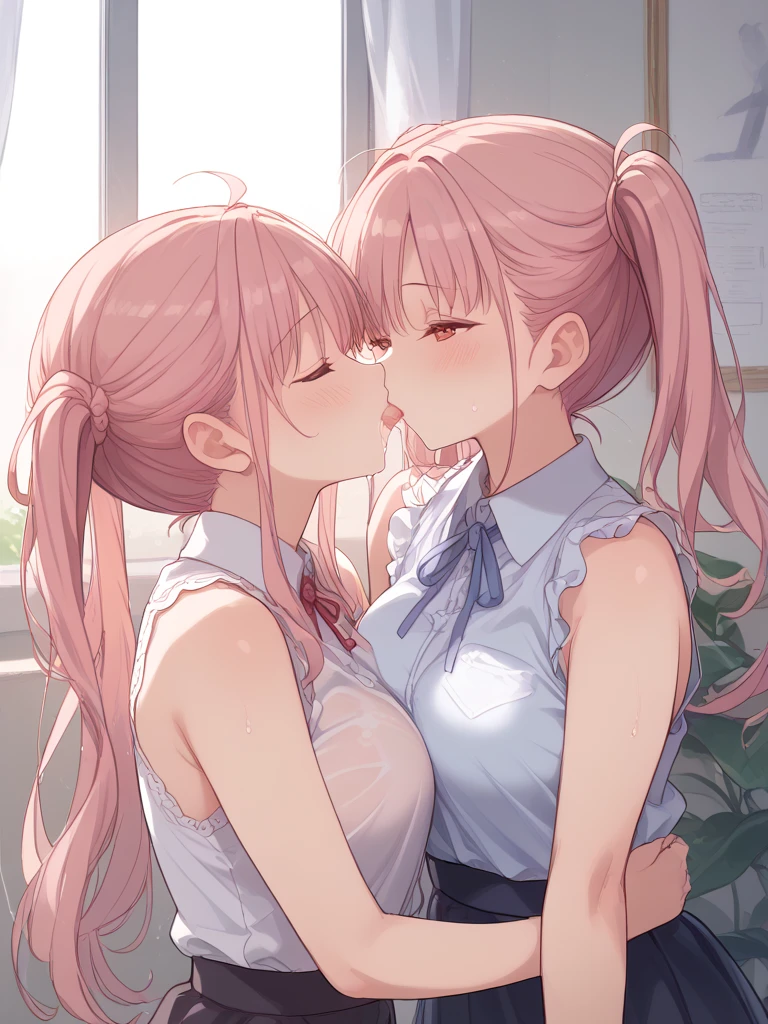 (High quality, High resolution, Fine details), anime style, (kiss, french kiss, tongue kiss), (Two women in school uniform kissing), Blonde and pink hair, curvy women, sparkling eyes, (Detailed eyes:1.2), smile, blush, Sweat, Oily skin, shallow depth of field